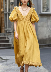 Casual Yellow V Neck Wrinkled Cotton Ankle Dress Puff Sleeve