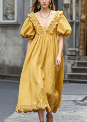 Casual Yellow V Neck Wrinkled Cotton Ankle Dress Puff Sleeve