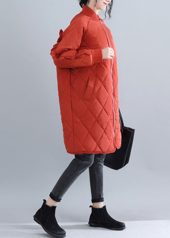 Lässiger roter Damenparka, trendiger Plus-Size-Stehkragen Jacken &amp; Mäntel Luxuriöse Mäntel mit Rüschen