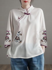 Grace White Embroidered Button Blouse Tops Half Sleeve