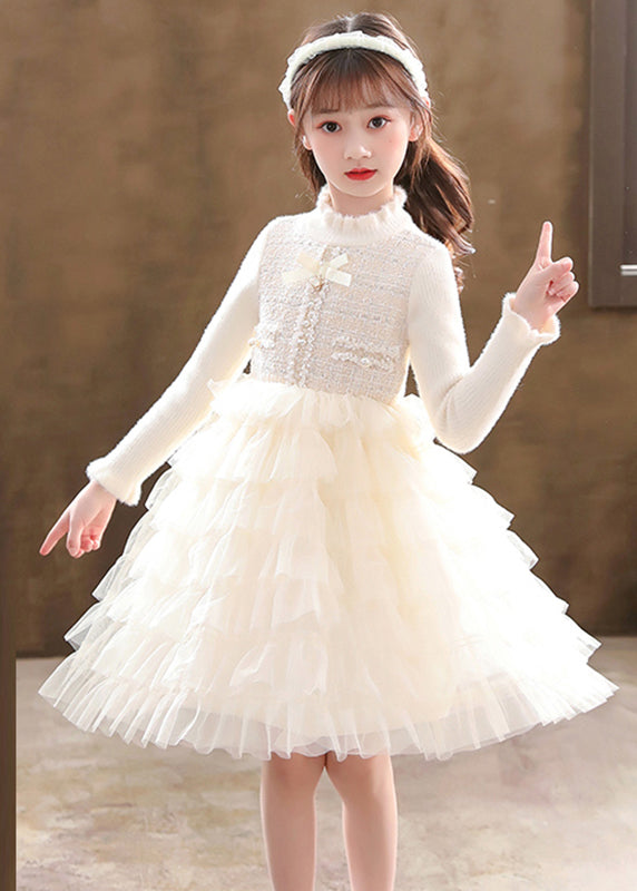 Champagne Button Knit Patchwork Tulle Girls Mid Dresses Fall