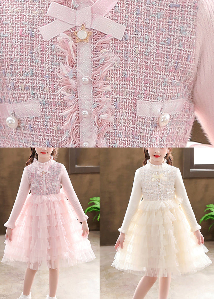 Champagne Button Knit Patchwork Tulle Girls Mid Dresses Fall