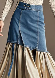 Champagne Patchwork Denim Wraped Skirts Wrinkled Fall