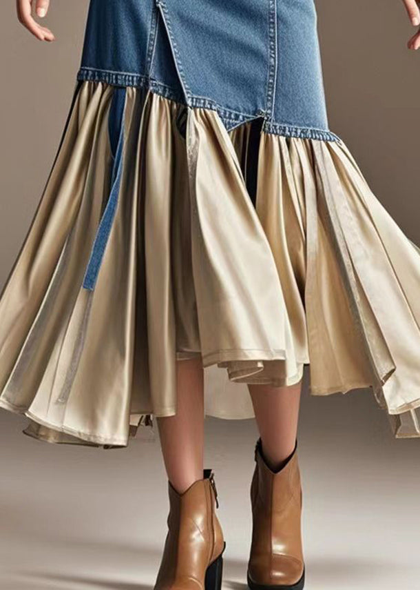 Champagne Patchwork Denim Wraped Skirts Wrinkled Fall