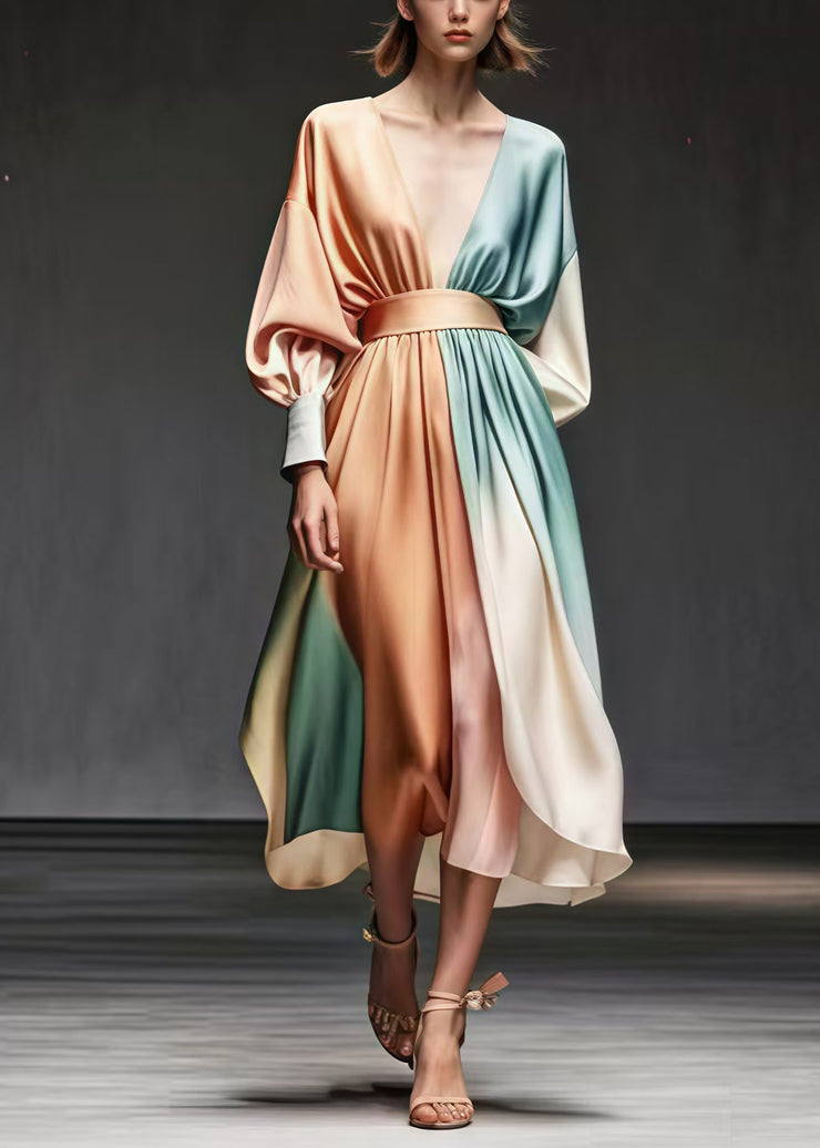 Champagne Patchwork Draping Silk Dress V Neck Exra Large Hem Spring