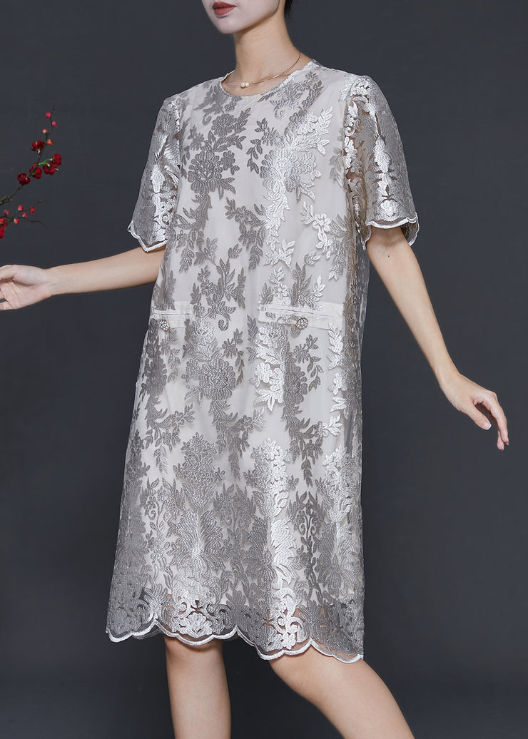 Champagne Silk Day Dress Embroidered Summer