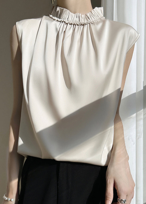 Champagne Solid Silk Tops Ruffled Summer