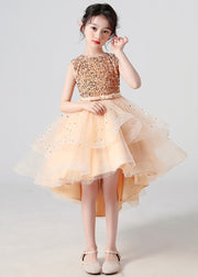 Champagne Tulle Patchwork Girls Princess Dress O Neck Summer