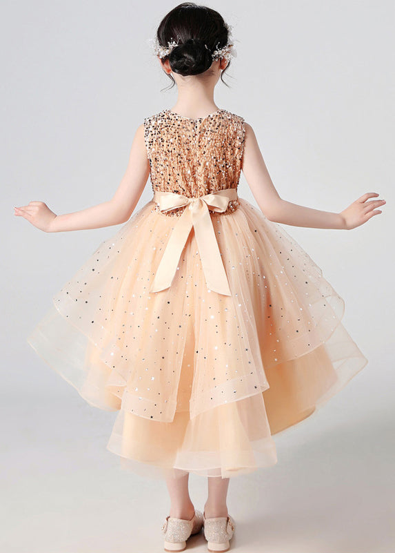 Champagne Tulle Patchwork Girls Princess Dress O Neck Summer