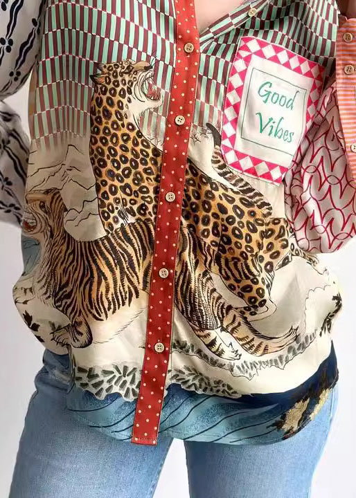 Chic Animal Print Asymmetrical Button Cotton Shirts Long Sleeve