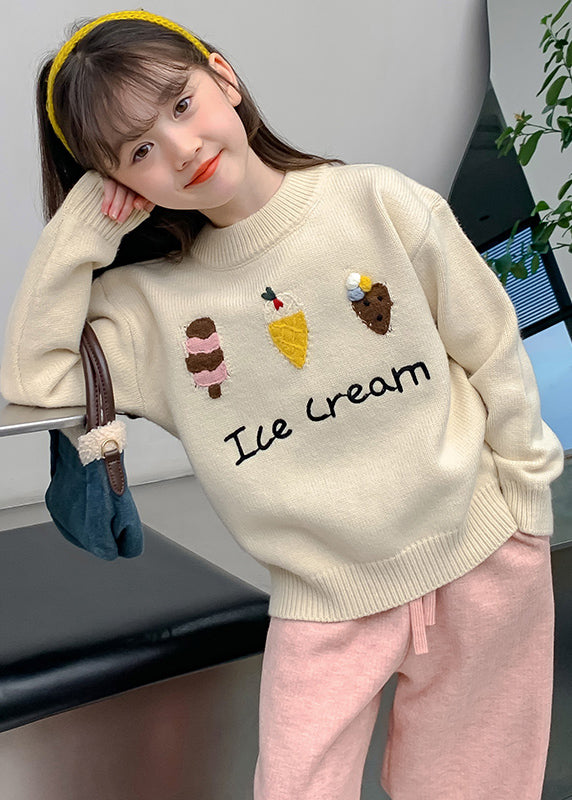 Chic Apricot Applique Thick Cotton Knit Kids Sweaters Winter