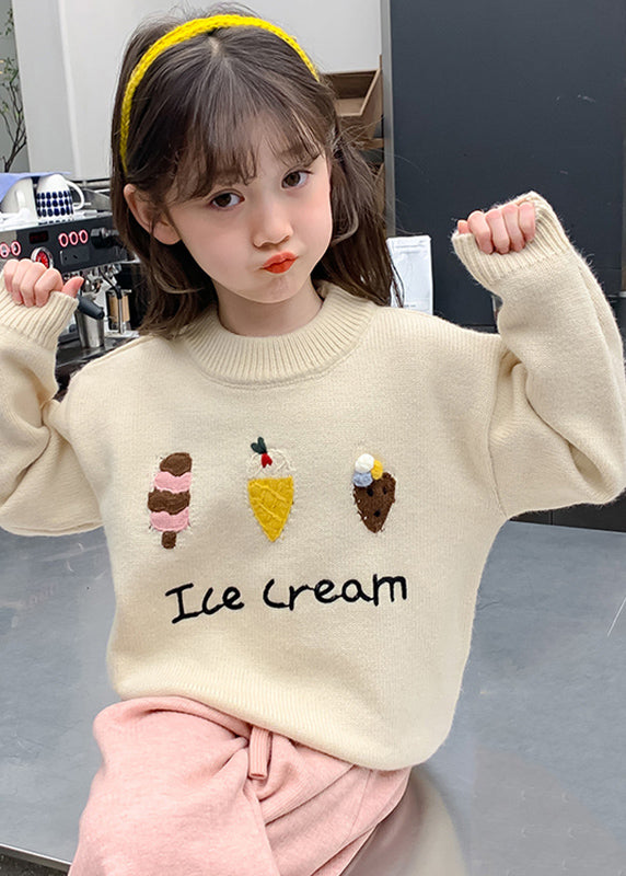 Chic Apricot Applique Thick Cotton Knit Kids Sweaters Spring