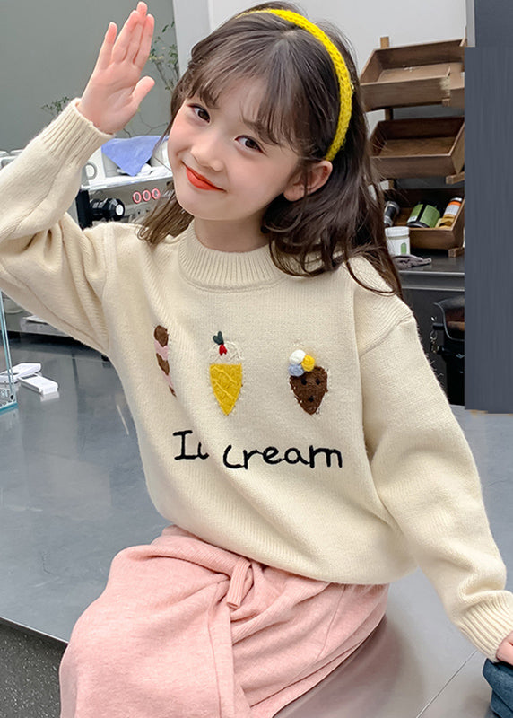 Chic Apricot Applique Thick Cotton Knit Kids Sweaters Spring