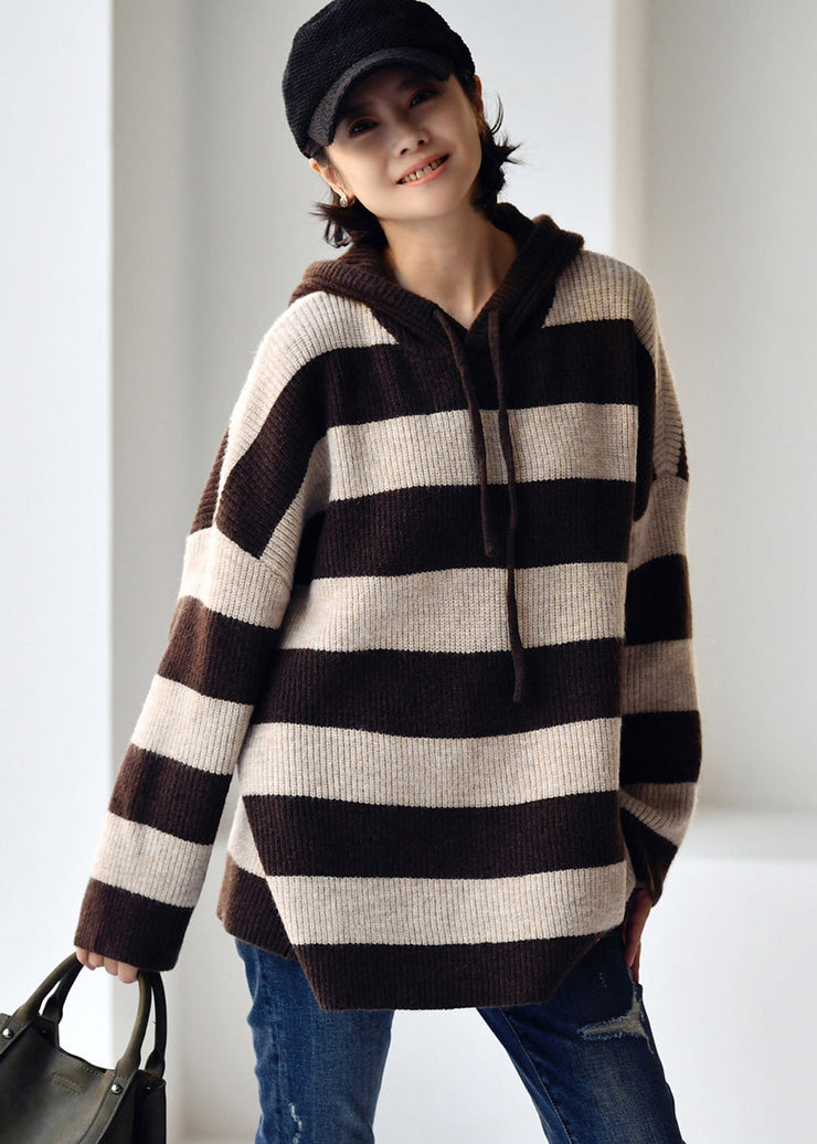 Chic Apricot Coffee Colour Striped Patchwork Drawstring Cotton Knit Hooded Sweaters Fall