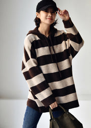 Chic Apricot Coffee Colour Striped Patchwork Drawstring Cotton Knit Hooded Sweaters Fall