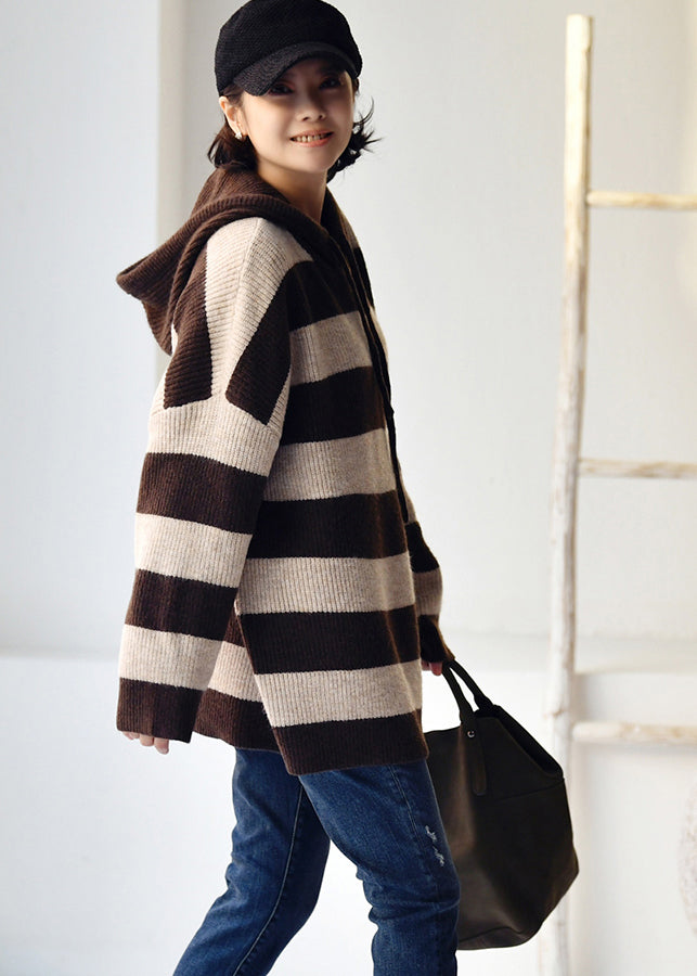 Chic Apricot Coffee Colour Striped Patchwork Drawstring Cotton Knit Hooded Sweaters Fall