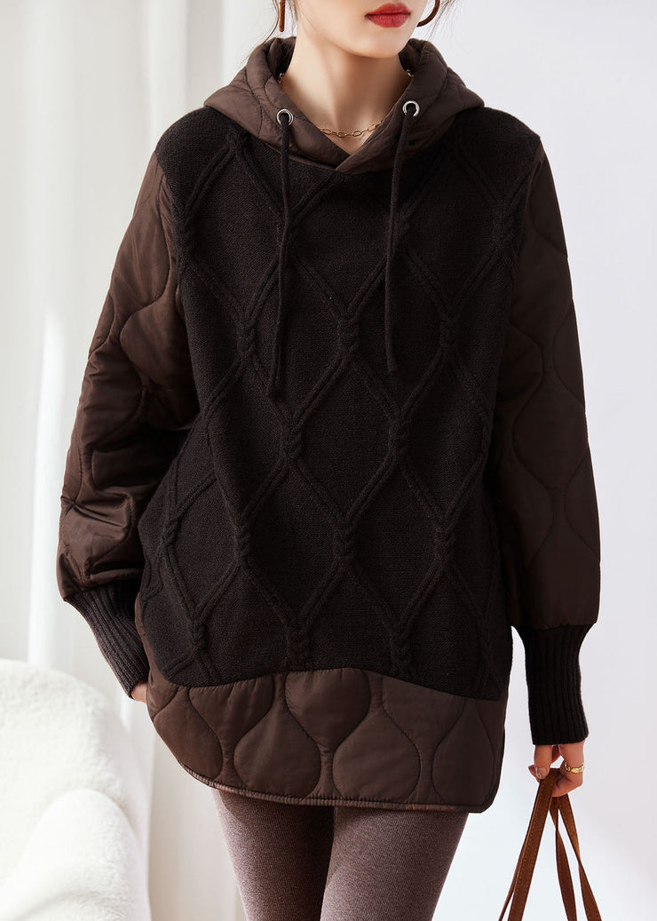 Chic Apricot Drawstring Patchwork Low High Design Fake Two Pieces Hooded Knit Sweater Winter