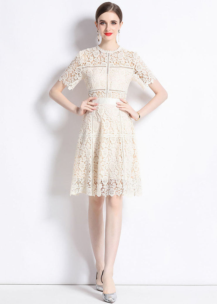 Chic Apricot Embroidered Hollow Out Patchwork Lace Mid Dress Summer