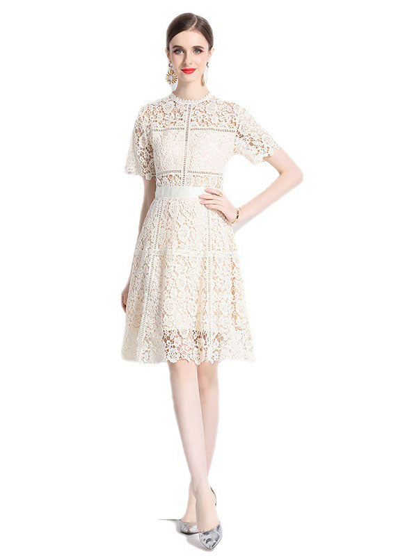 Chic Apricot Embroidered Hollow Out Patchwork Lace Mid Dress Summer