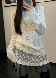 Chic Apricot Hign Neck Lace Patchwork Knit Sweater Winter