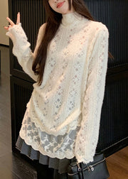 Chic Apricot Hign Neck Lace Patchwork Knit Sweater Winter