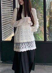 Chic Apricot Hign Neck Lace Patchwork Knit Sweater Winter