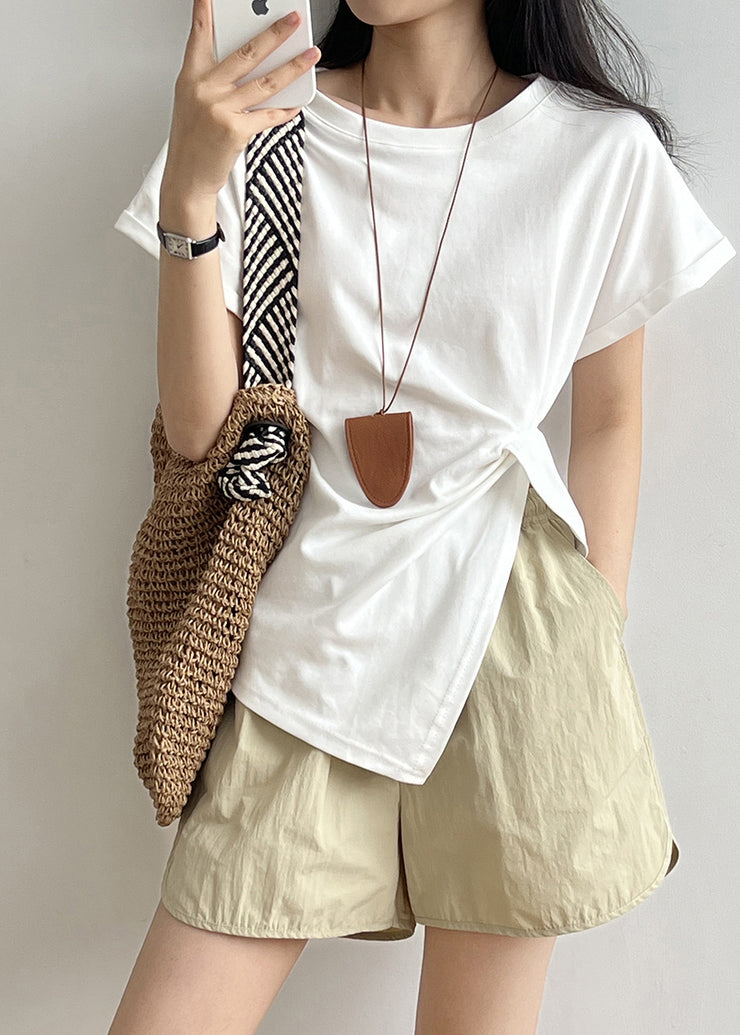 Chic Apricot O Neck Asymmetrical Design Cotton T Shirt Summer