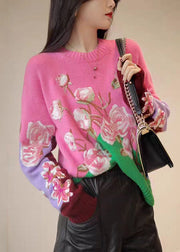 Chic Apricot O-Neck Embroidered Patchwork Woolen Top Fall