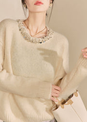 Chic Apricot O Neck Nail Bead Woolen Sweater Tops Spring