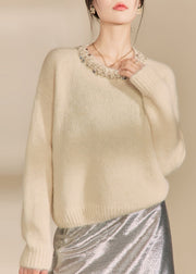 Chic Apricot O Neck Nail Bead Woolen Sweater Tops Spring