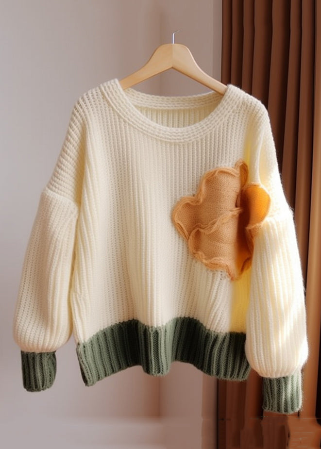 Chic Apricot O Neck Patchwork Knit Sweater Fall