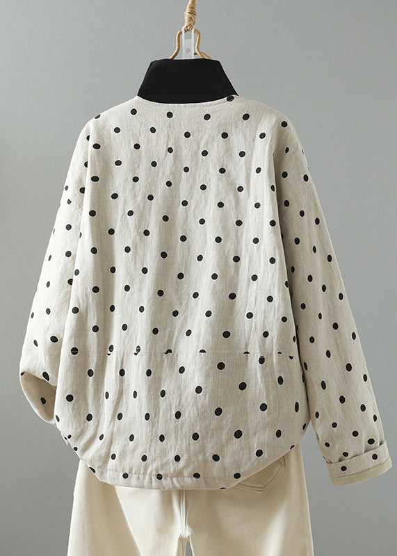 Chic Apricot O Neck Pockets Dot Print Fine Cotton Filled Jackets Spring