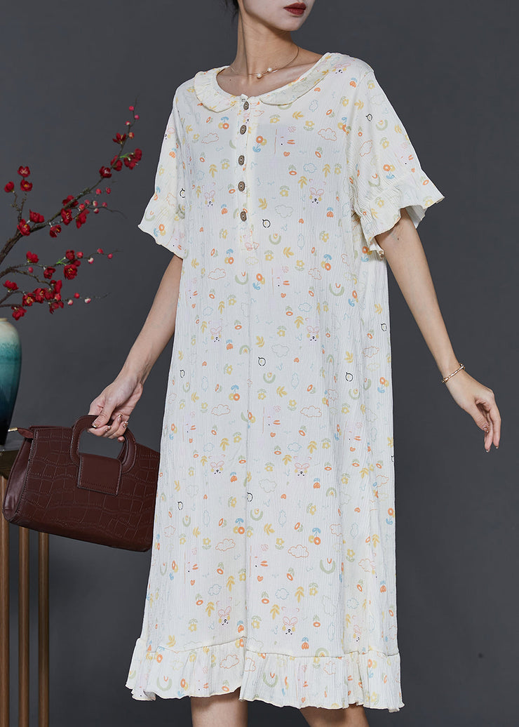 Chic Apricot O-Neck Print Cotton Robe Dresses Summer