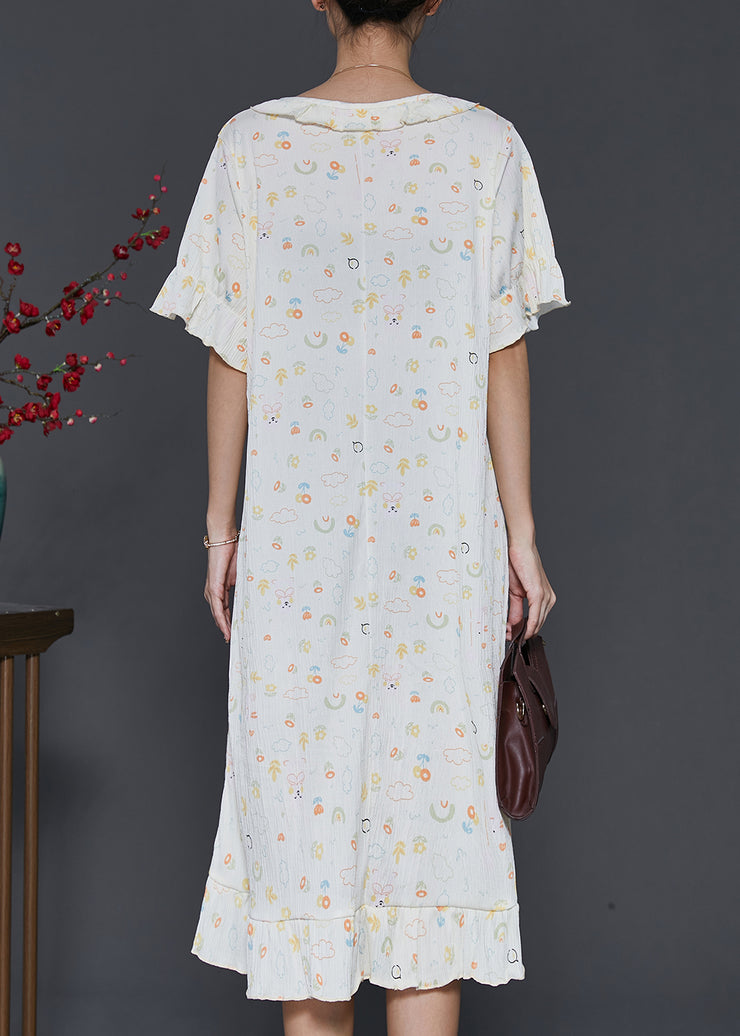 Chic Apricot O-Neck Print Cotton Robe Dresses Summer