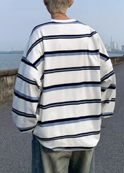 Chic Apricot O Neck Striped Cotton T Shirt Men Casual Clothing Spring