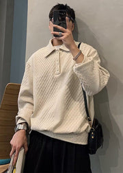 Chic Apricot Peter Pan Collar Cotton Men Pullover Streetwear Fall