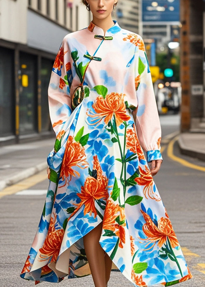 Chic Apricot Print Asymmetrical Design Silk Oriental Dresses Spring