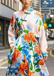 Chic Apricot Print Asymmetrical Design Silk Oriental Dresses Spring