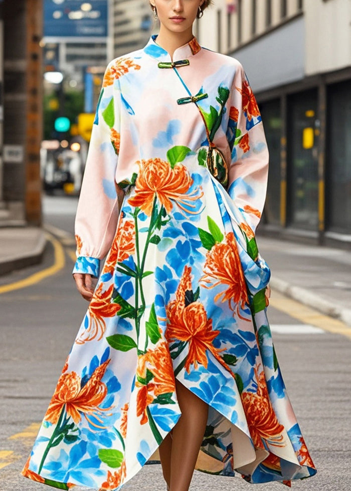 Chic Apricot Print Asymmetrical Design Silk Oriental Dresses Fall