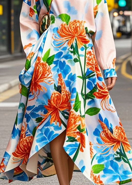 Chic Apricot Print Asymmetrical Design Silk Oriental Dresses Spring