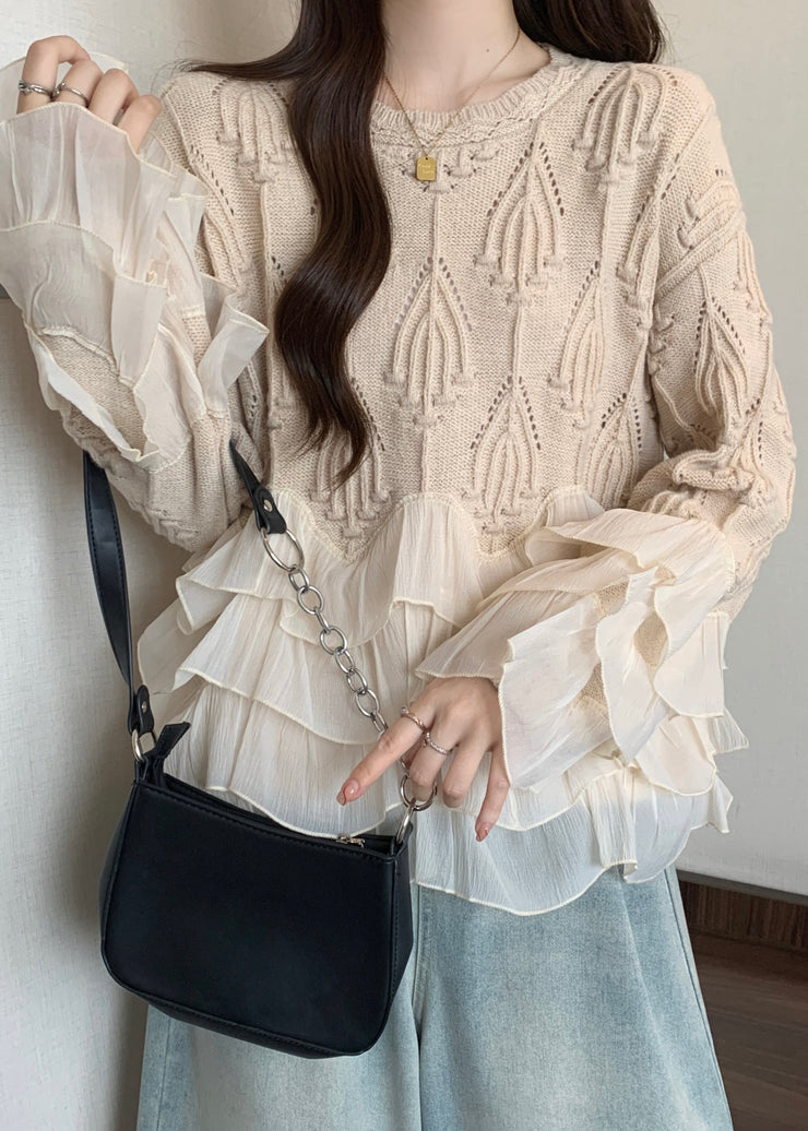 Chic Apricot Ruffled Patchwork Knit Sweater Tops Spring