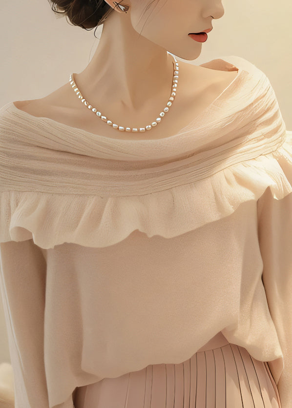 Chic Apricot Slash Neck Ruffled Patchwork Knit Sweaters Spring