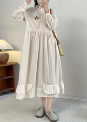 Chic Apricot Stand Collar Ruffled Patchwork Wrinkled Long Dress Long Sleeve