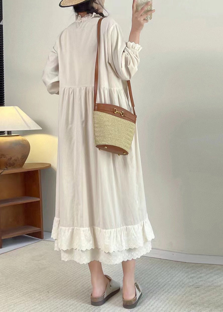 Chic Apricot Stand Collar Ruffled Patchwork Wrinkled Long Dress Long Sleeve
