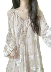 Chic Apricot V Neck Embroidered Silk Mid Dress Lantern Sleeve