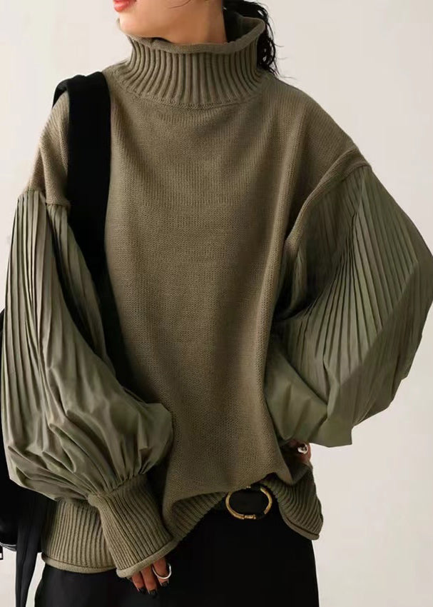 Chic Army Green Hign Neck Wrinkled Patchwork Knitted Tops Lantern Sleeve