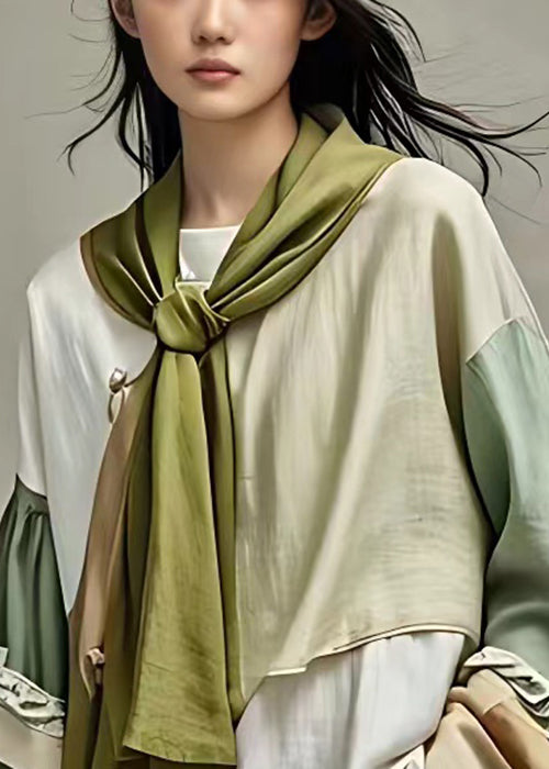 Chic Asymmetrical Bow Patchwork Cotton Shirt Long Sleeve