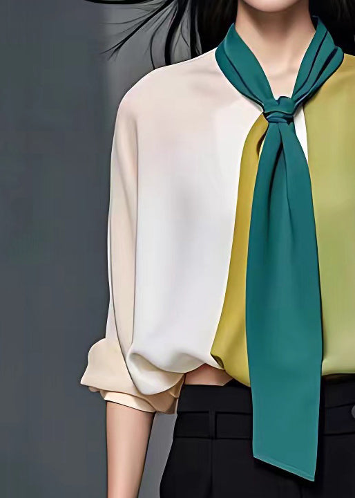 Chic Beige Asymmetrical Bow Patchwork Chiffon Blouses Fall