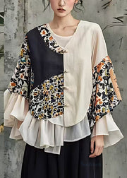 Chic Beige Asymmetrical Patchwork Cotton Oriental Blouses Spring