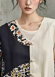 Chic Beige Asymmetrical Patchwork Cotton Oriental Blouses Spring